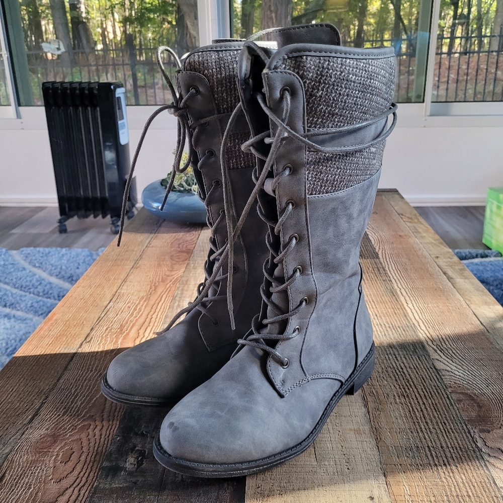 JustFab Gray Lace Up Boots, Women's 8W, Wide Calf